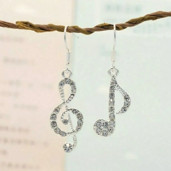 White Sapphire 925 Silver Music Notes Dangle Earrings Hook Backs - Picture 2 of 4